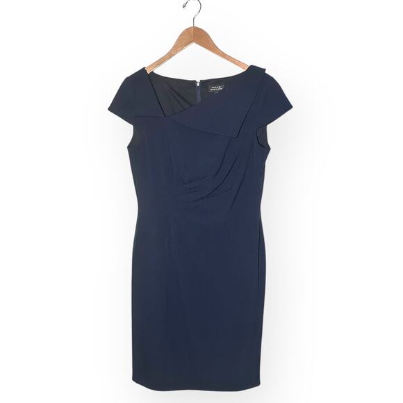 TAHARI ASL Asymmetric Collar Sheath Dress Navy Blue Cap Sleeve Career Office 8 - Picture 9 of 13